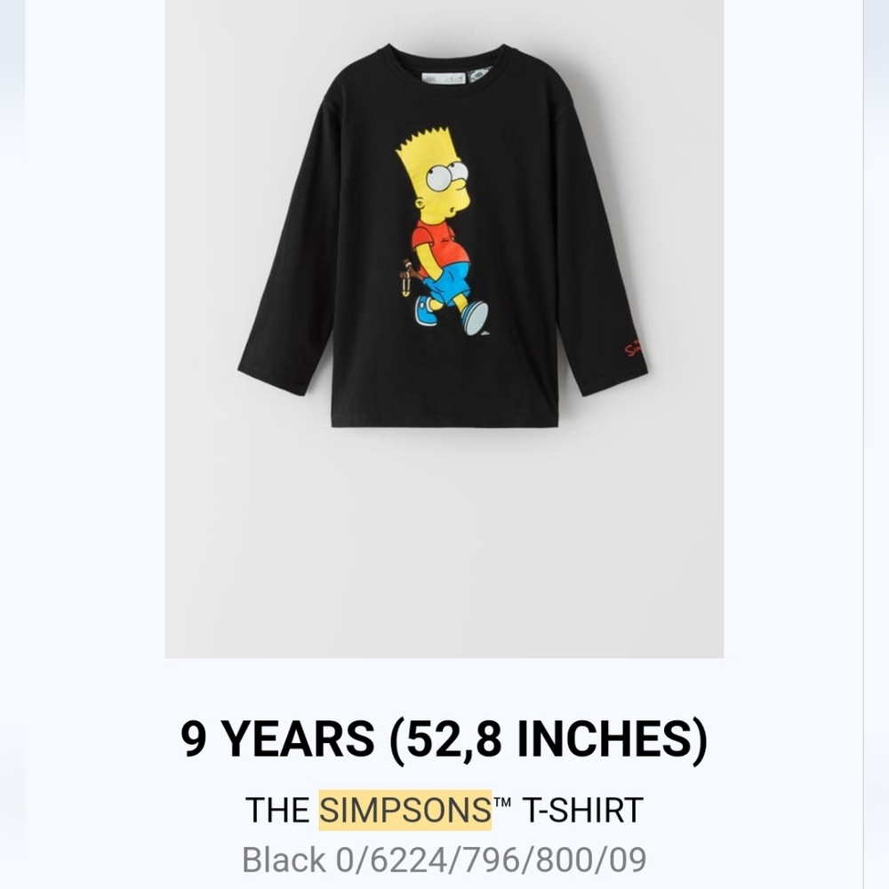 Zara The Simpsons long sleeve t-shirt glow in the dark size 9 Halloween
